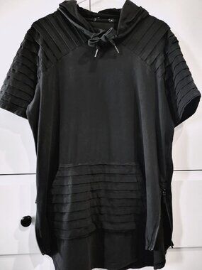 Grunge Pullover Hoodie, Black Cotton Top w/ Pockets, Zips, M Medium Unisex